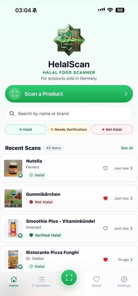 The Helal Scan home screen with recent scans and their answers