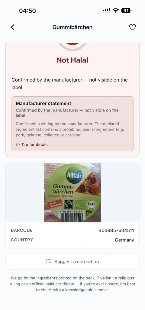 A result quoting the manufacturer's written statement